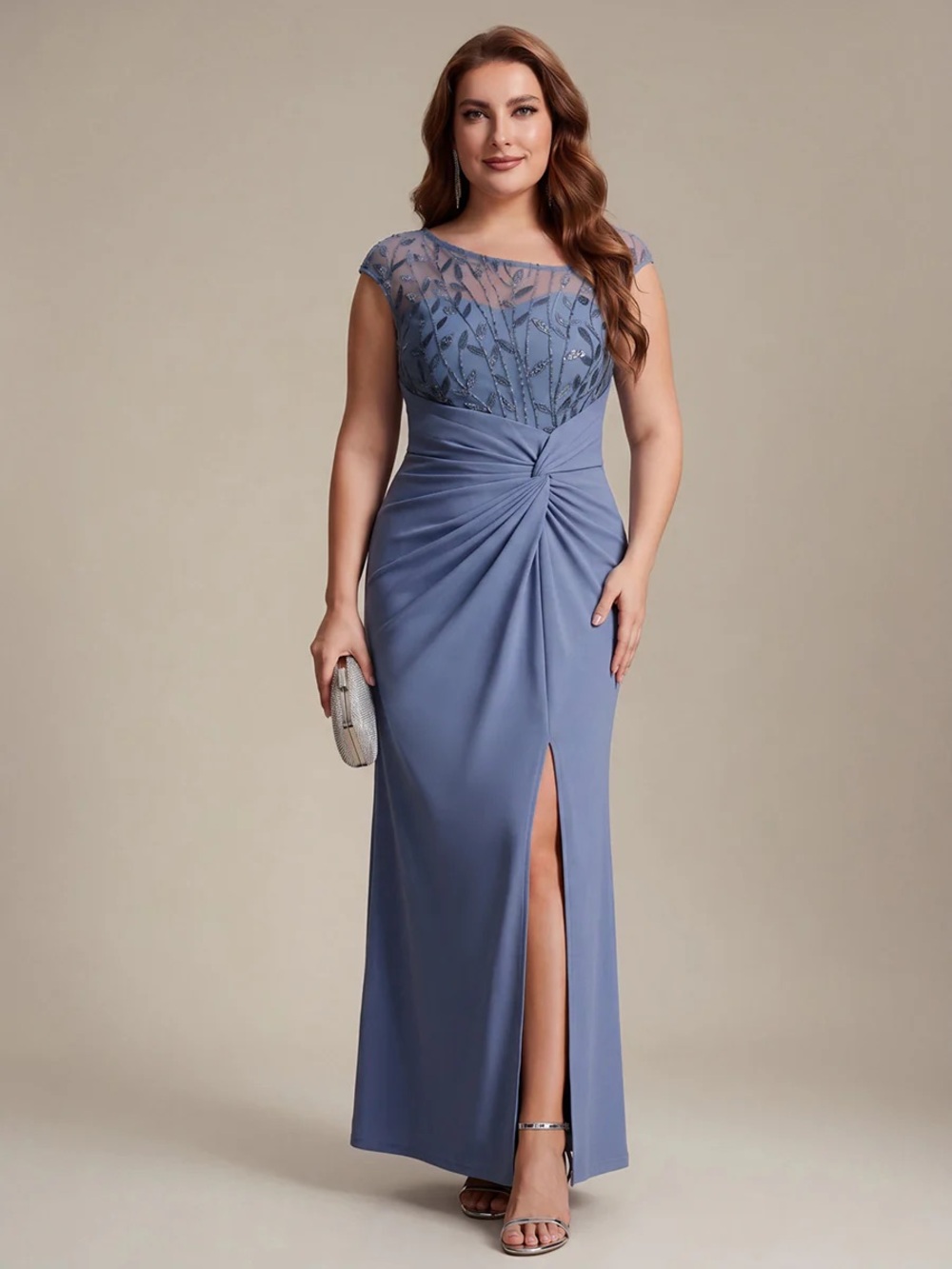 Elegant Slate Blue Evening Gown with Embellished Illusion Bodice